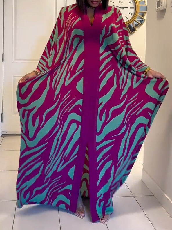 Devon |  Print V-Neck Batwing Sleeve Robe Maxi Dress