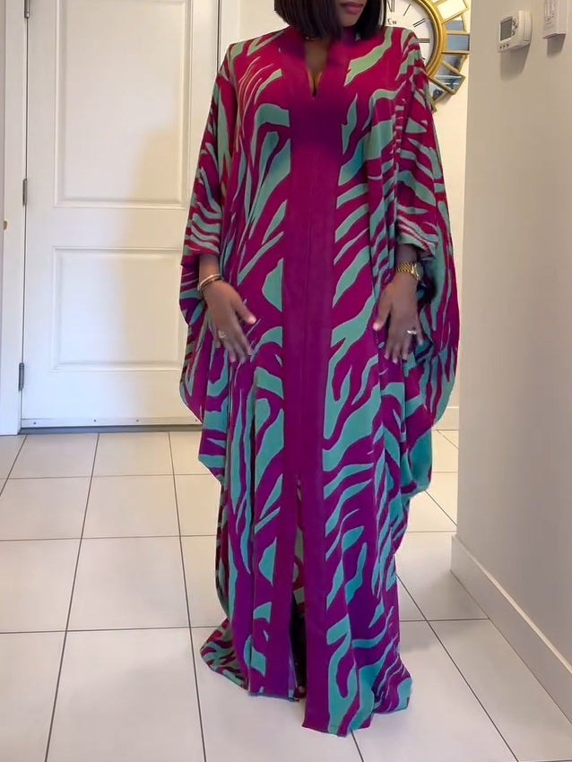 Devon |  Print V-Neck Batwing Sleeve Robe Maxi Dress