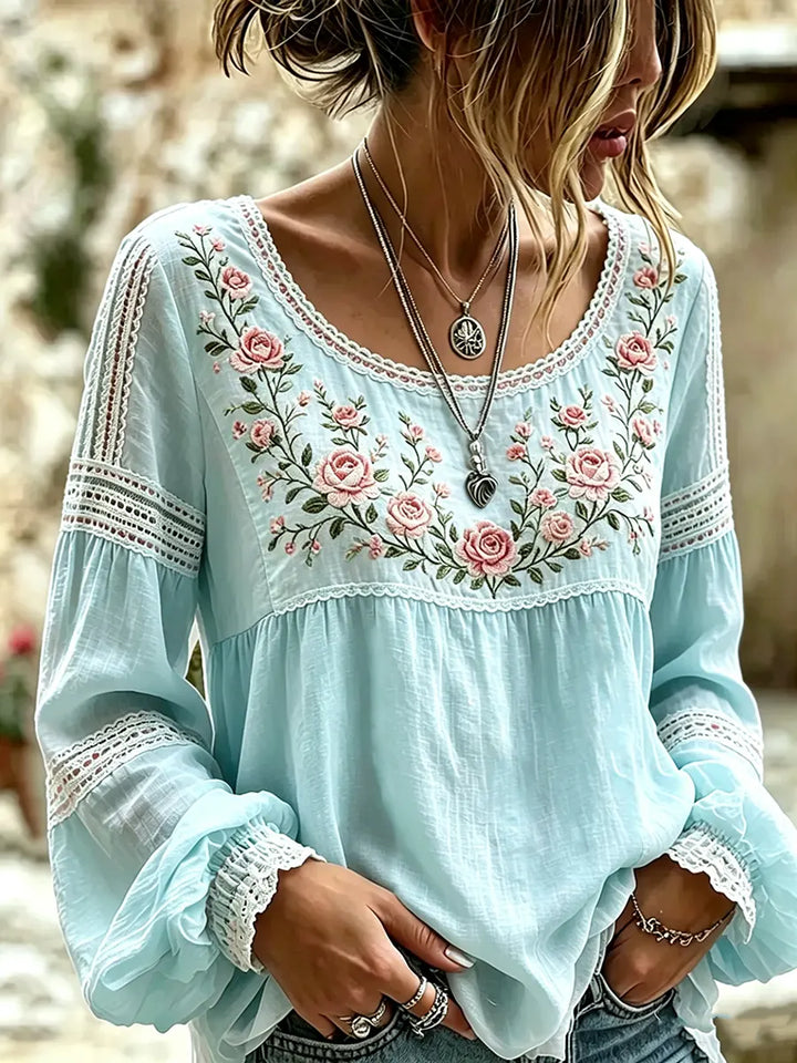 Mireille | Linen Blouse with Rose Embroidery Square Neck & Lace Inserts