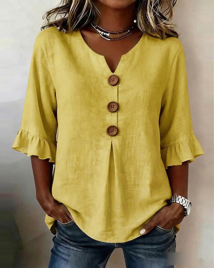 Sophia | Solid Color Cotton-Linen Blouse with Wooden Buttons and Ruffles