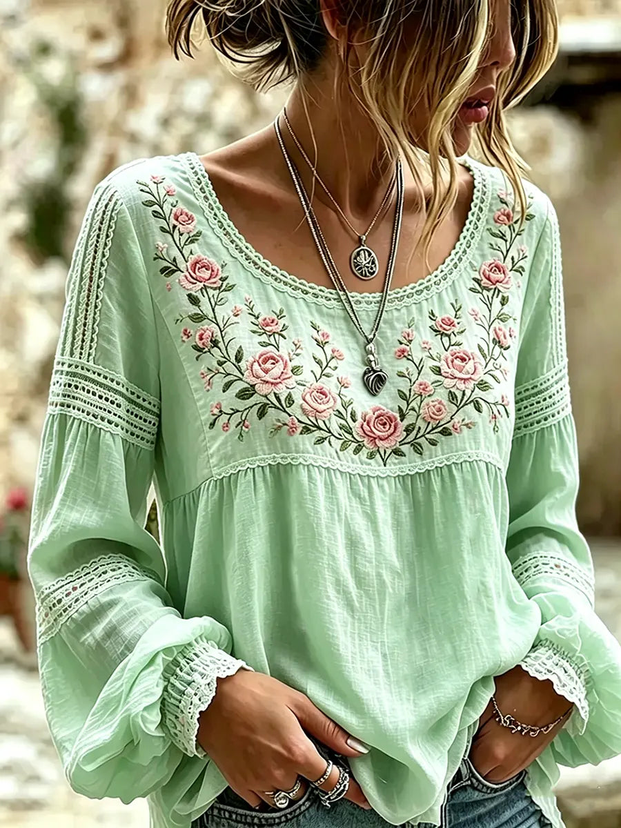 Mireille | Linen Blouse with Rose Embroidery Square Neck & Lace Inserts