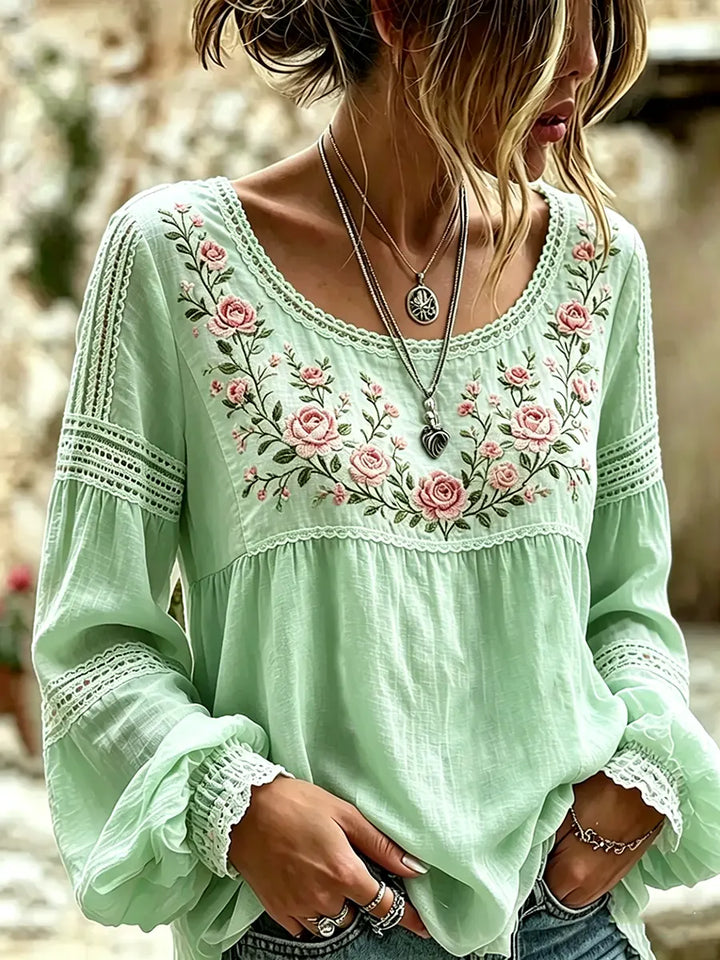 Mireille | Linen Blouse with Rose Embroidery Square Neck & Lace Inserts