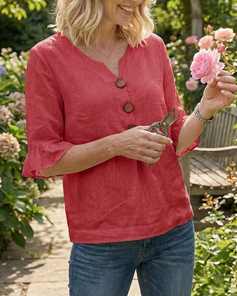 Sophia | Solid Color Cotton-Linen Blouse with Wooden Buttons and Ruffles
