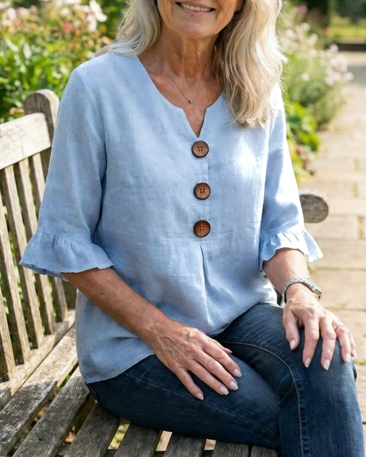 Sophia | Solid Color Cotton-Linen Blouse with Wooden Buttons and Ruffles