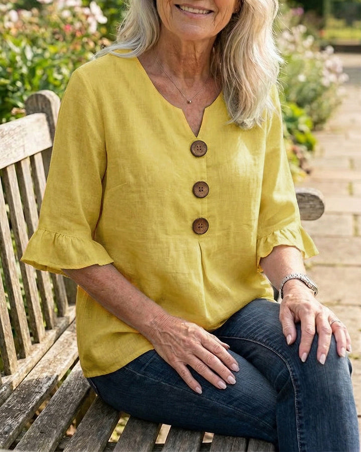 Sophia | Solid Color Cotton-Linen Blouse with Wooden Buttons and Ruffles