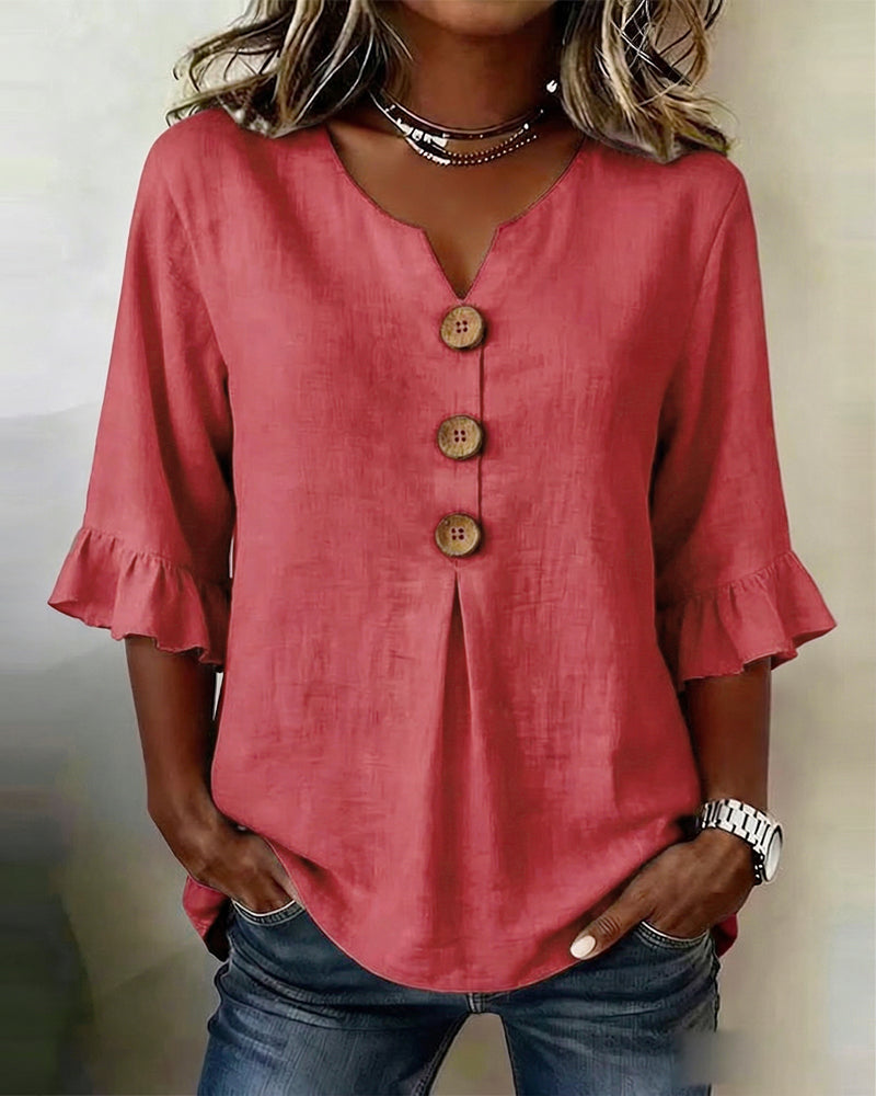 Sophia | Solid Color Cotton-Linen Blouse with Wooden Buttons and Ruffles
