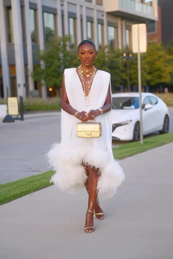Sandra | Elegant White Feather Midi Dress