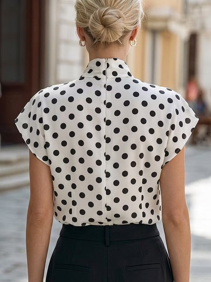 Satin Polka Dot Bow Tie Neck Short Sleeve Blouse