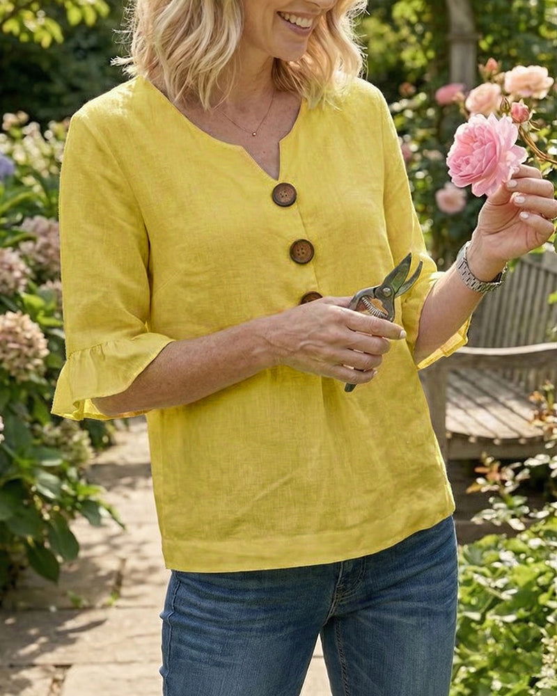 Sophia | Solid Color Cotton-Linen Blouse with Wooden Buttons and Ruffles
