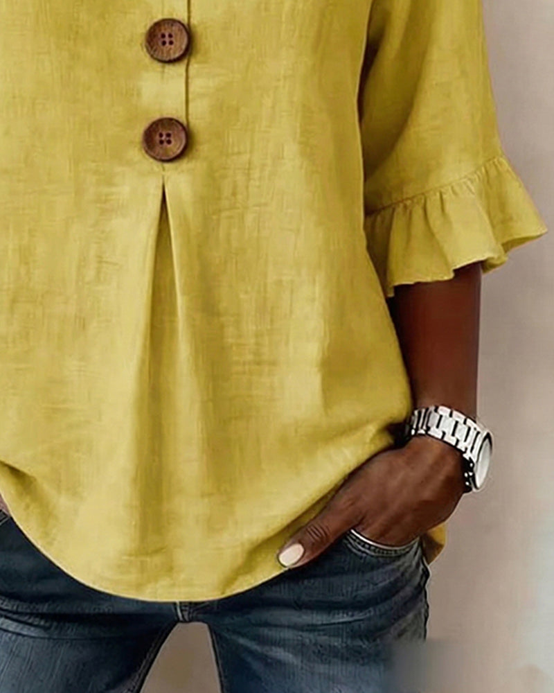 Sophia | Solid Color Cotton-Linen Blouse with Wooden Buttons and Ruffles