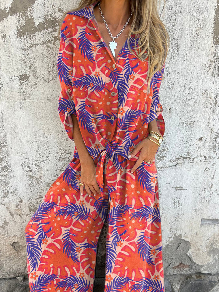 Summer Tropical Leaf Pattern Printed Women's Two-Piece Sets