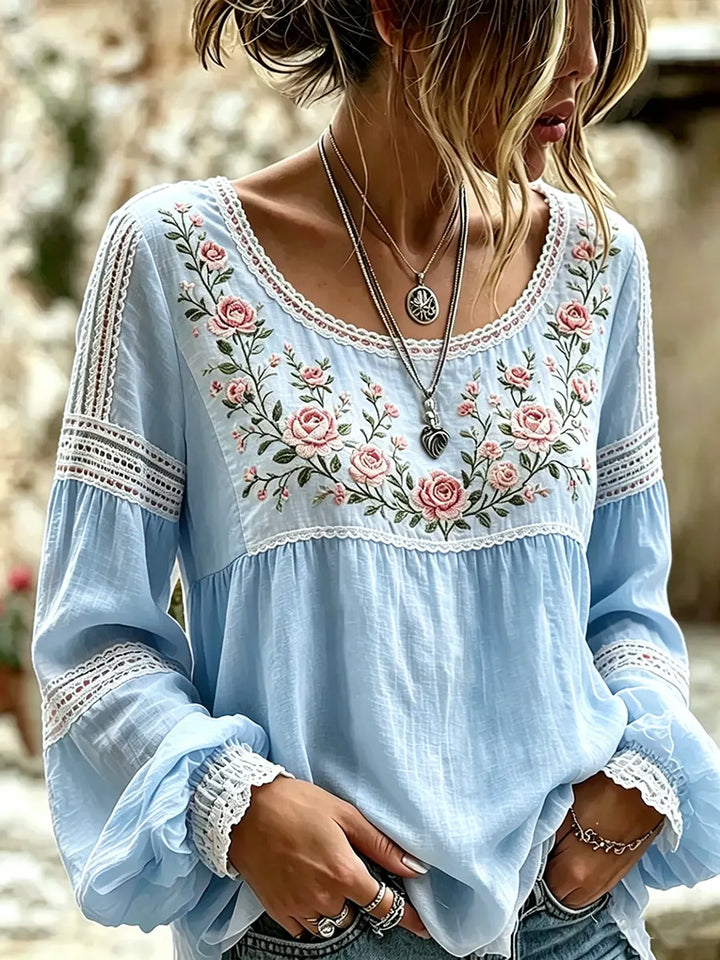 Mireille | Linen Blouse with Rose Embroidery Square Neck & Lace Inserts