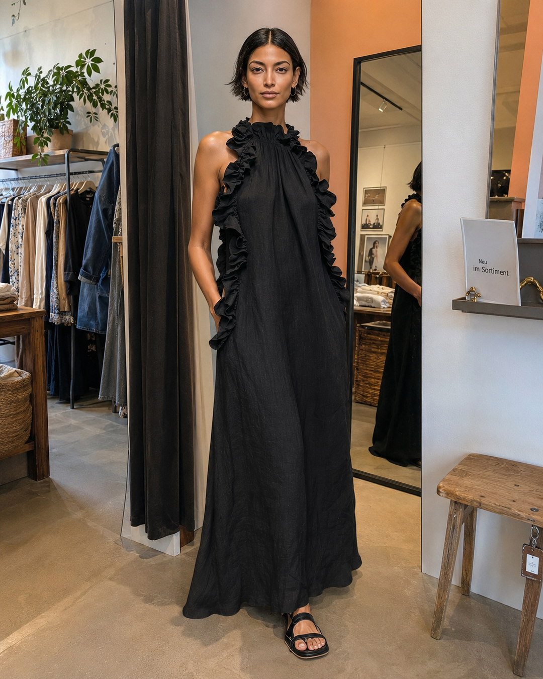 Helene | Sleeveless Linen Maxi Dress with Ruffles