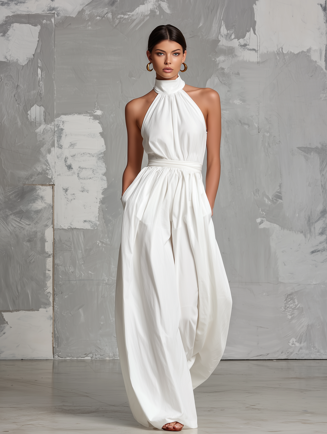 Zoltán | Elegant white woven sleeveless halter-neck jumpsuit