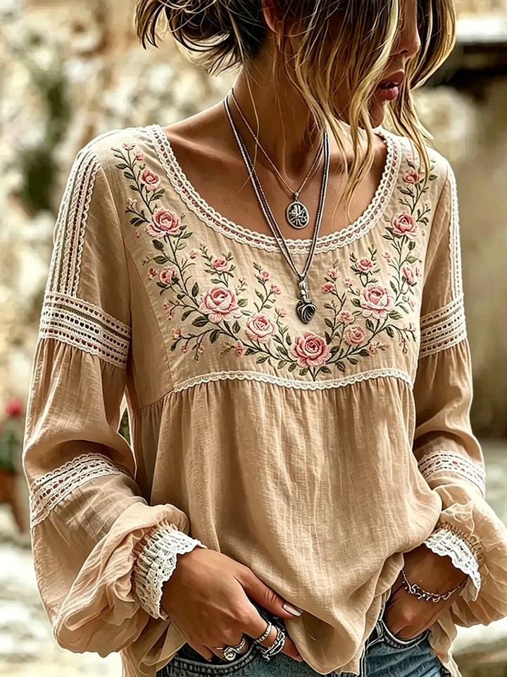 Mireille | Linen Blouse with Rose Embroidery Square Neck & Lace Inserts