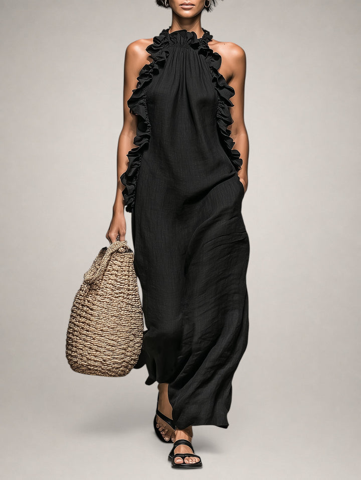 Helene | Sleeveless Linen Maxi Dress with Ruffles