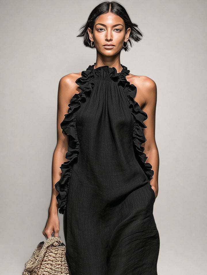 Helene | Sleeveless Linen Maxi Dress with Ruffles