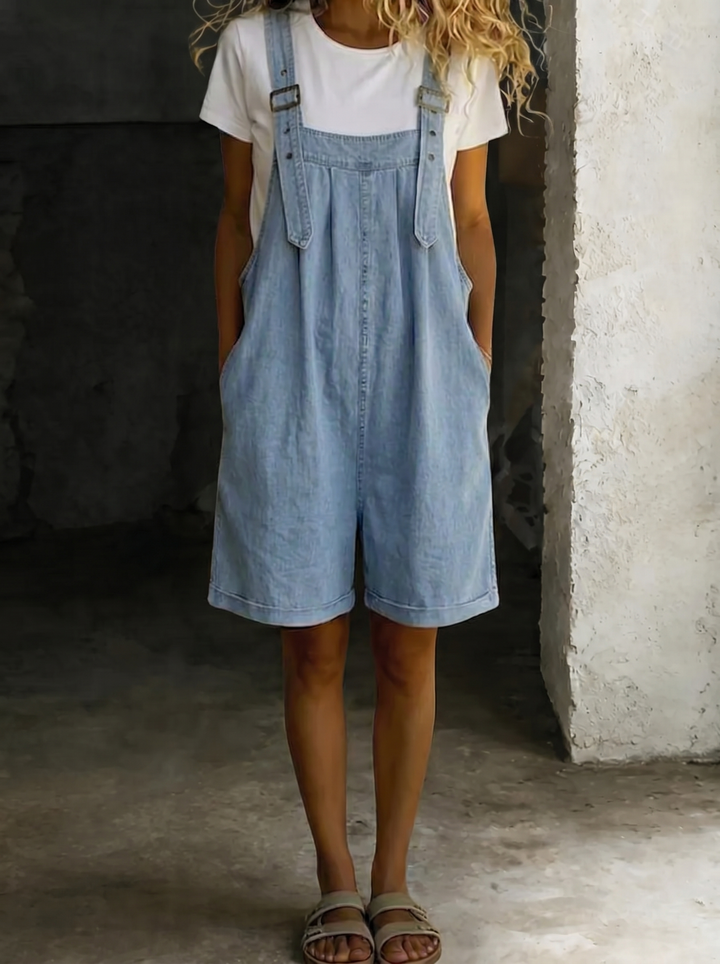 Isabel - Short Denim Jumpsuit with Soft Cotton Look and Vintage Wash Light Blue