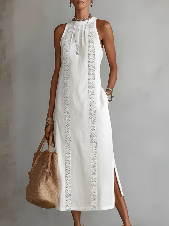 Tatiana | Midi Dress in Linen with Mao Collar