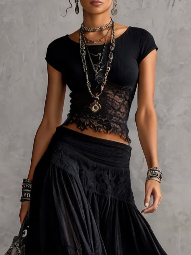 Cordelia™ | Lace-Paneled Top & Pleated Maxi Skirt Set