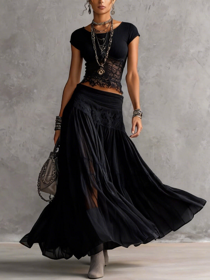 Cordelia™ | Lace-Paneled Top & Pleated Maxi Skirt Set