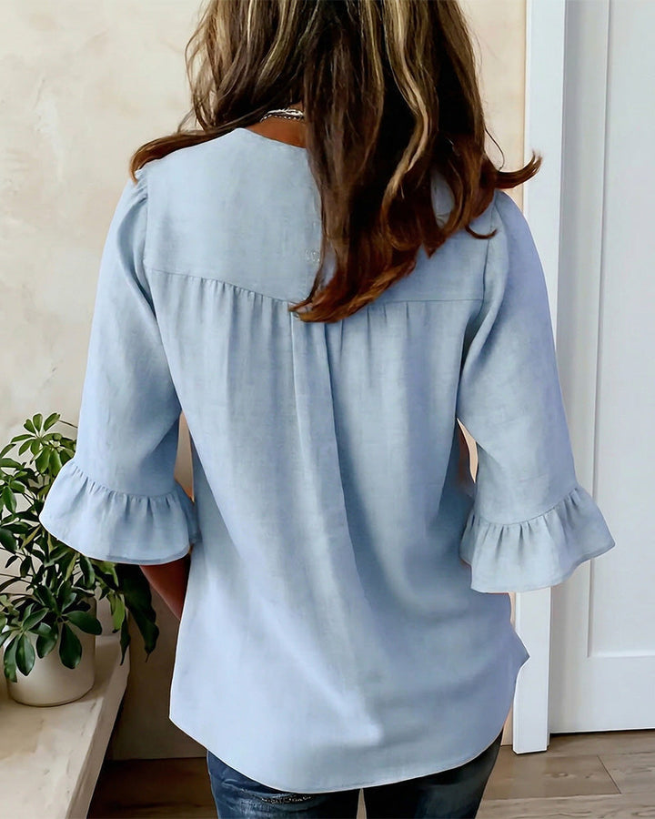 Sophia | Solid Color Cotton-Linen Blouse with Wooden Buttons and Ruffles
