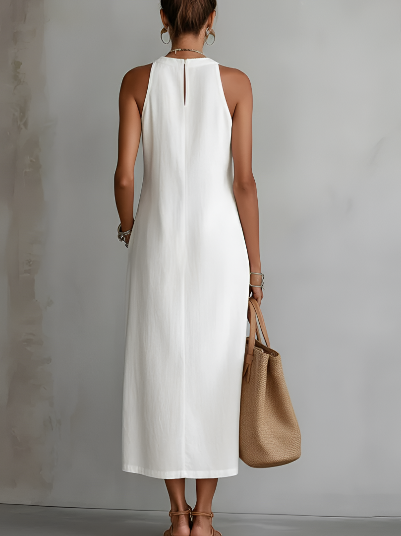 Tatiana | Midi Dress in Linen with Mao Collar