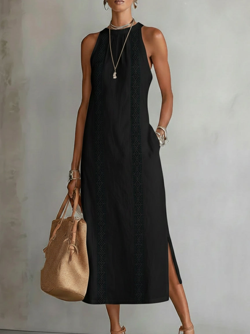Tatiana | Midi Dress in Linen with Mao Collar