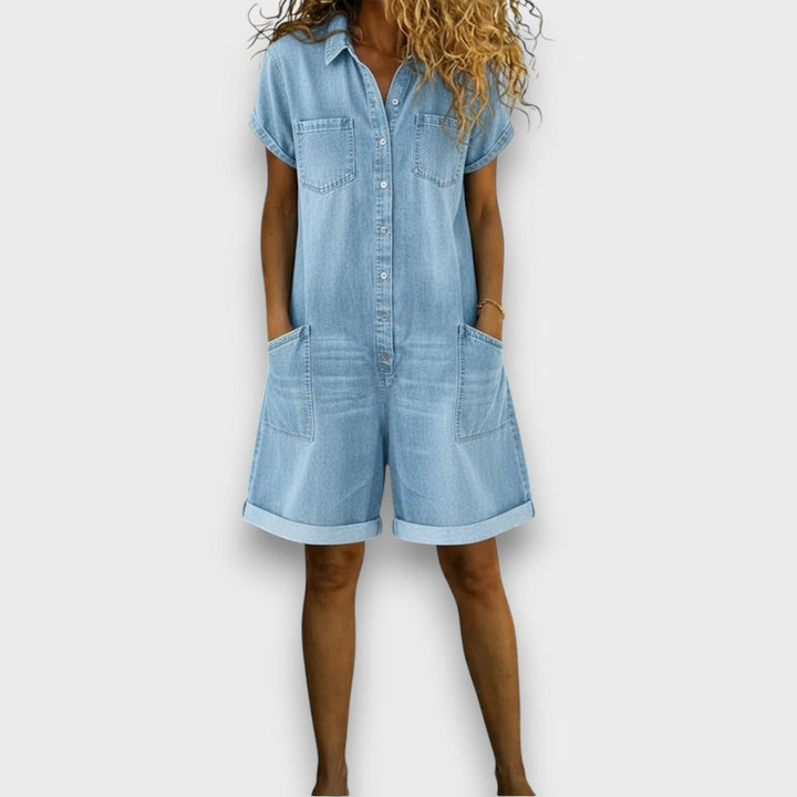 Sofia - Short vintage cotton overall with denim look