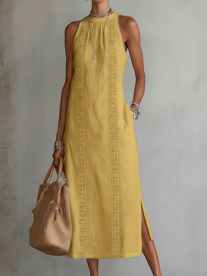 Tatiana | Midi Dress in Linen with Mao Collar