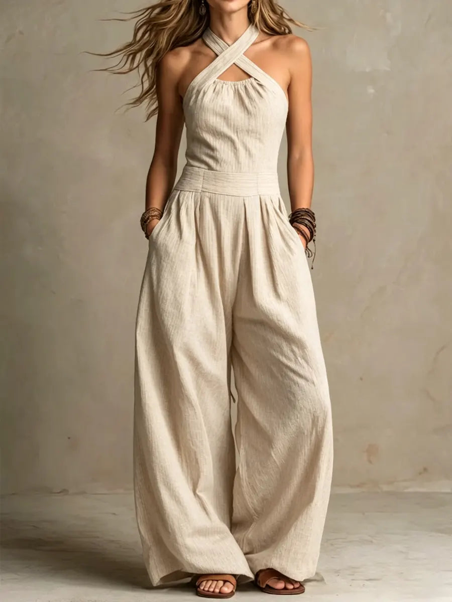 Bianca | Elegant Linen and Cotton Jumpsuit with Cross Neckline