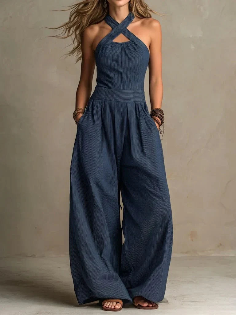 Bianca | Elegant Linen and Cotton Jumpsuit with Cross Neckline