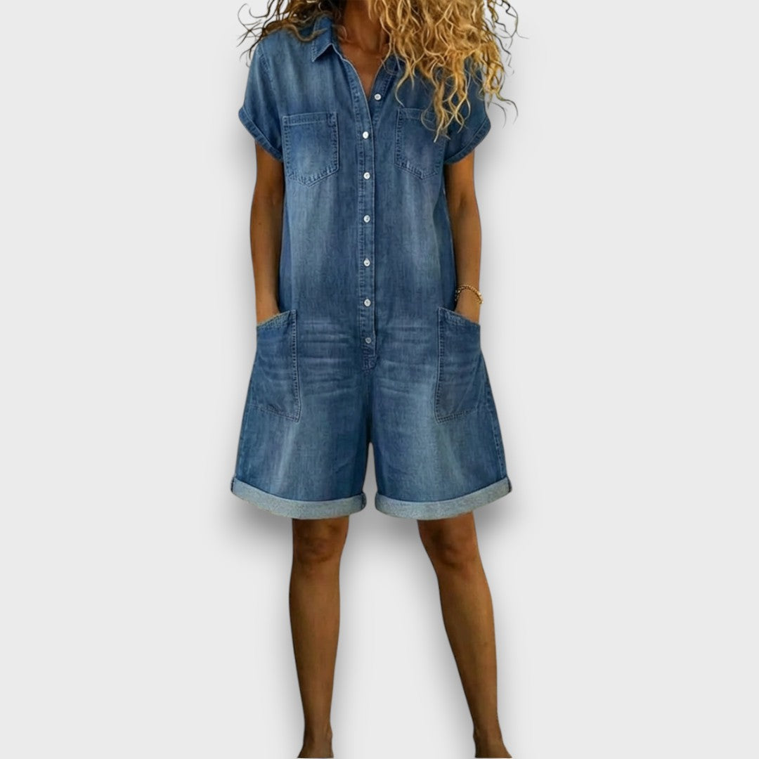 Sofia - Short vintage cotton overall with denim look