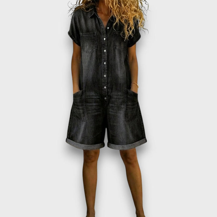 Sofia - Short vintage cotton overall with denim look