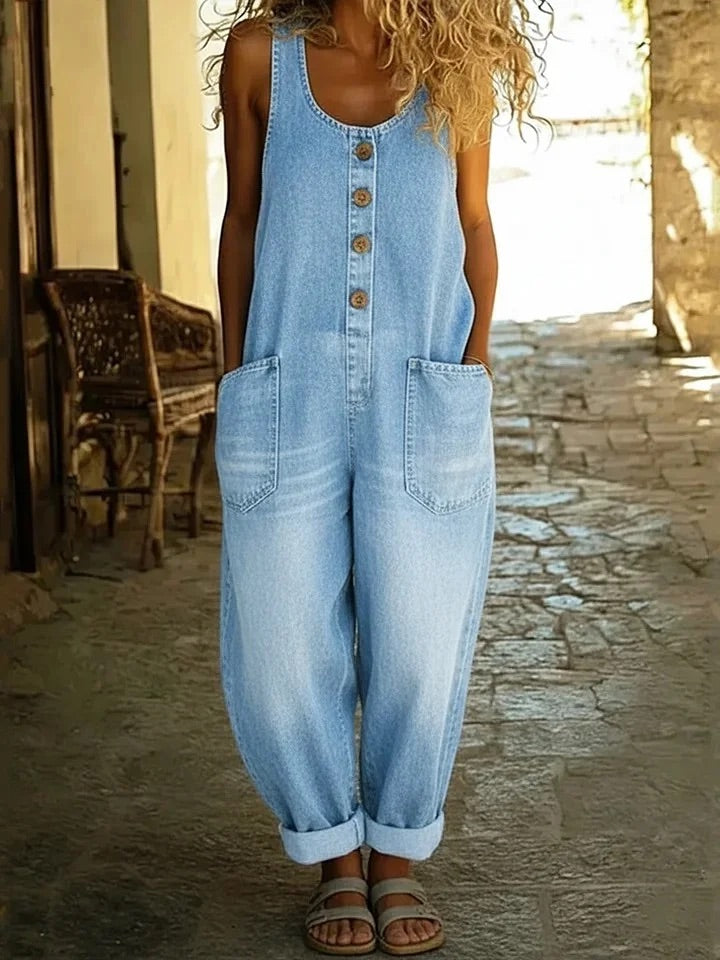 Valentina - Vintage washed cotton denim overalls